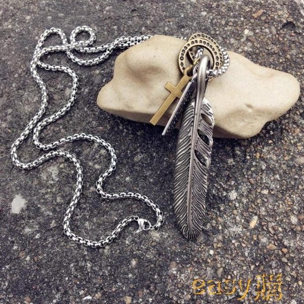 復古羽毛吊墜潮男發型師項鏈毛衣鏈女裝飾長掛件配飾品