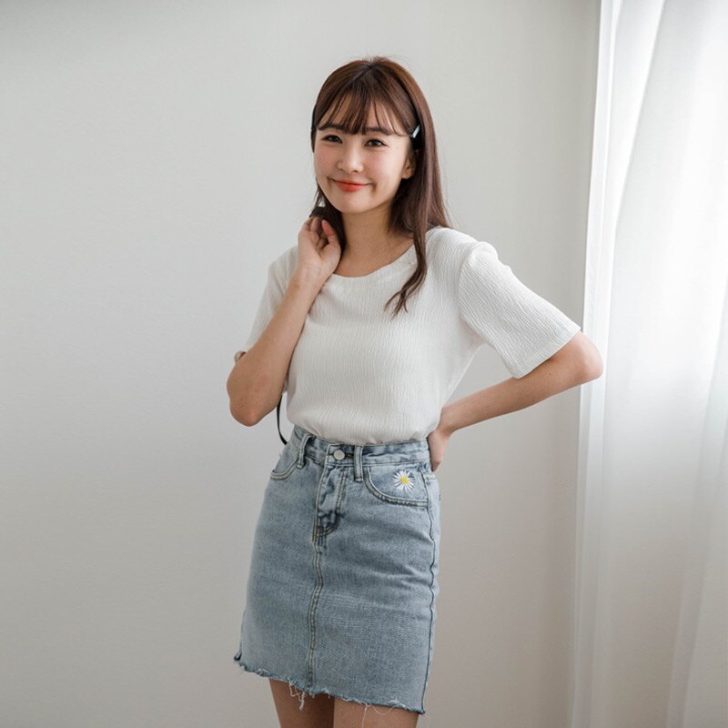 ★現折100↘$399★MIUSTAR 白花刺繡不收邊高腰牛仔短裙(共1色，S-XL)0505預購【NH1016】