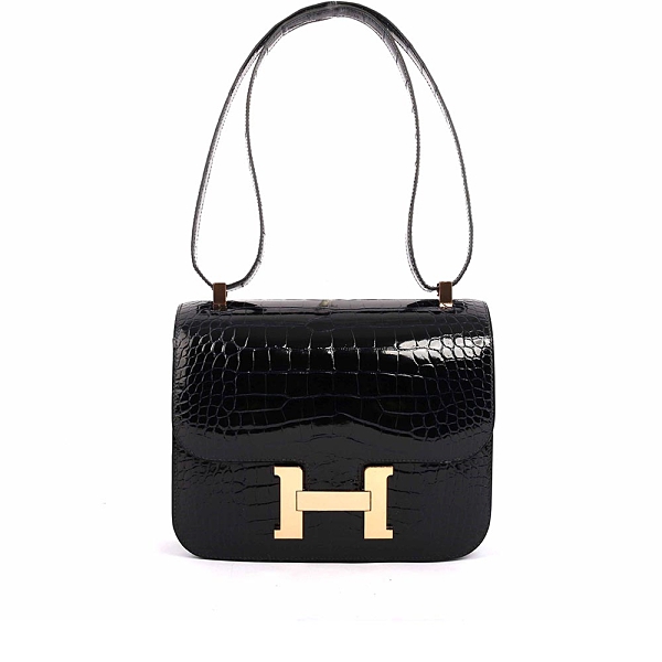 【HERMES】雙色頂級鱷魚皮(方塊)亮面Constance 24cm(深藍色/橘)HE19000055