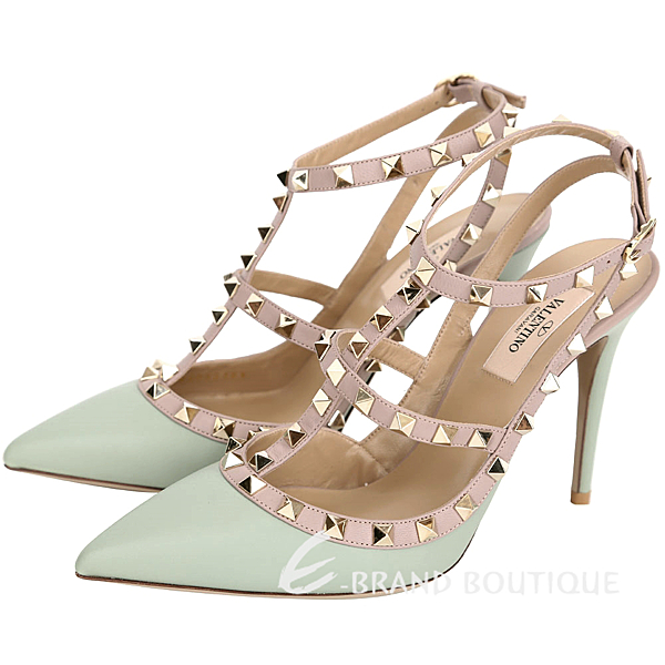 VALENTINO ROCKSTUD 鉚釘繫帶尖頭高跟鞋(淺水綠) 1610020-08