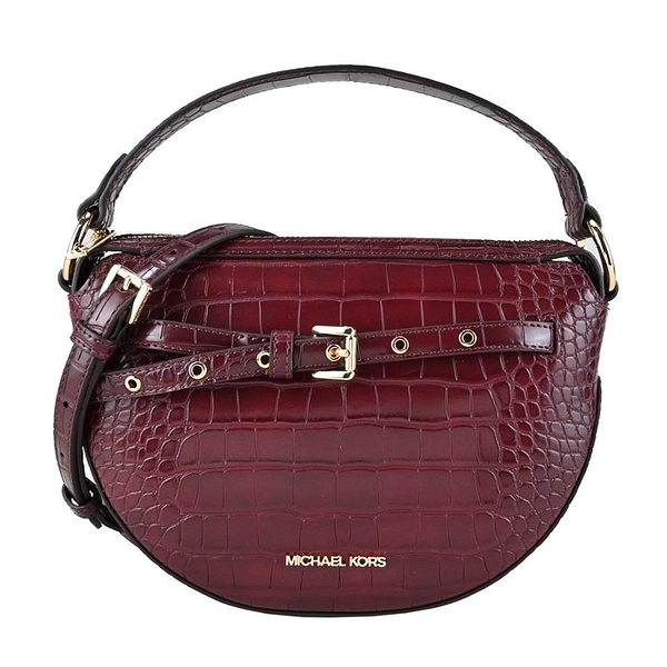 【南紡購物中心】MICHAEL KORS EMILIA鱷魚紋皮帶釦飾兩用半月包-酒紅