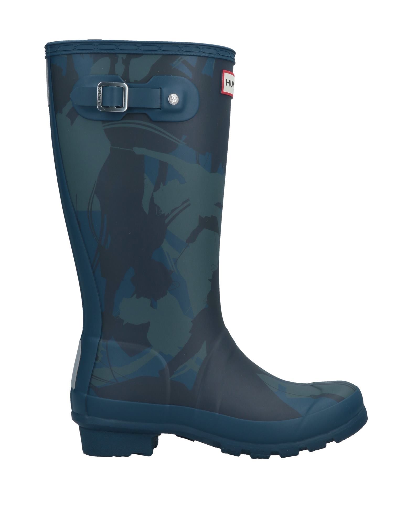 logo, buckle, multicolor pattern, round toeline, flat, unlined, rubber cleated sole, rainboots.
