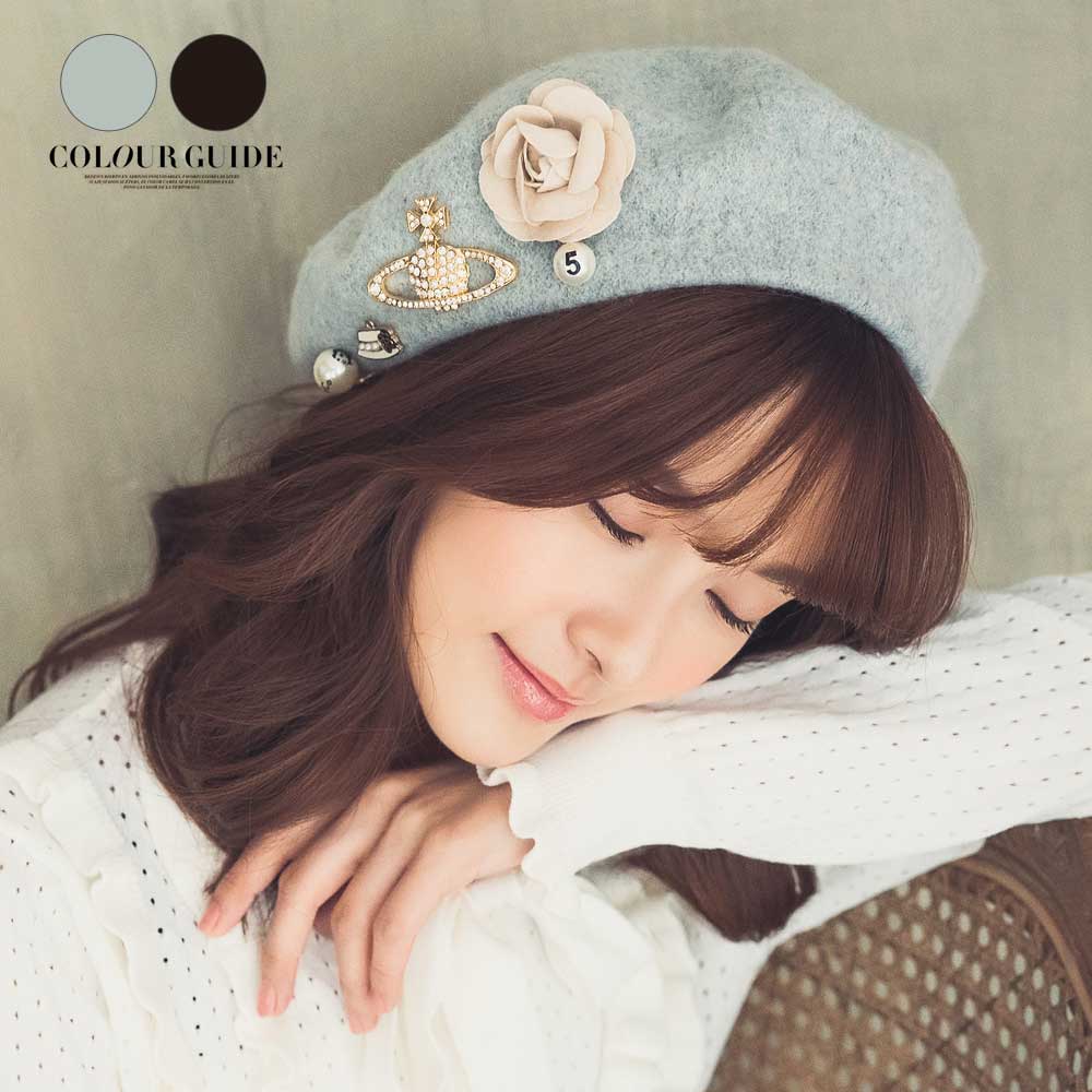 珍珠水鑽星球蝴蝶結花朵毛呢貝蕾帽