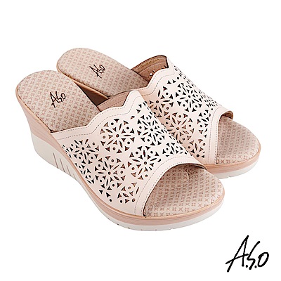 A.S.O 機能休閒 厚底美學沖孔設計楔型涼拖鞋-米