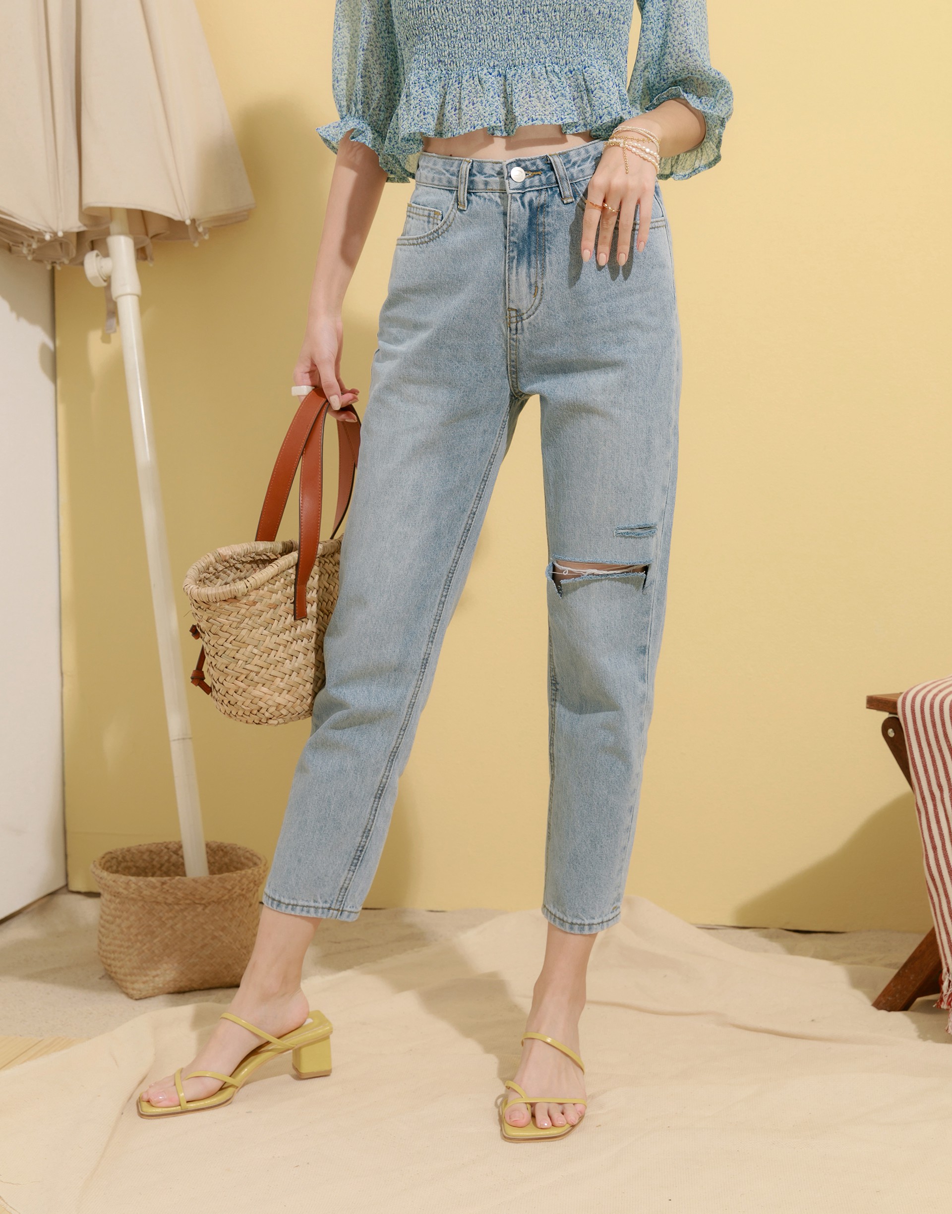 小直筒修飾腿部線條/高腰設計/單邊割破/前後皆有口袋