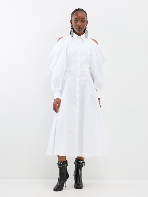 Alexander Mcqueen - Cutout-shoulder Cotton-poplin Midi Shirt Dress - Womens - White