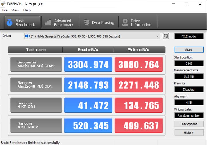 以 TxBENCH 測試，循序讀取及寫入分別是 3,304MB/s 及 3,080MB/s 左右。