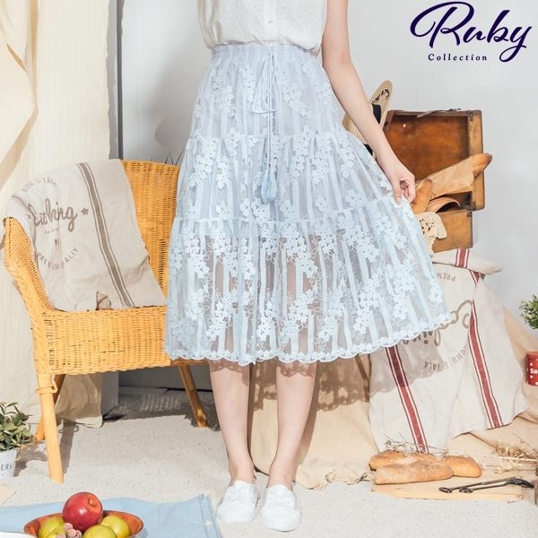 裙子 刺繡花朵綁帶鬆緊長裙-Ruby s 露比午茶