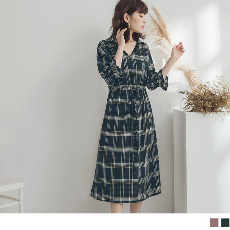 半開襟蕾絲配色格紋縮腰抽繩洋裝