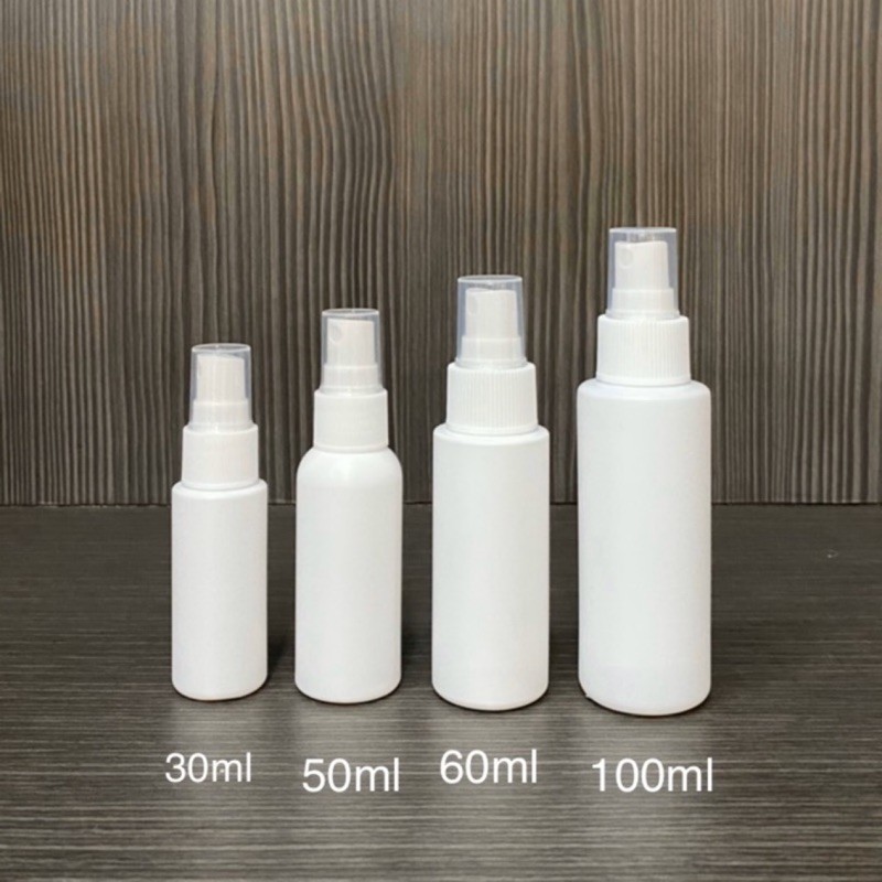30ml 50ml 60ml 100ml 台灣製造工廠直營 可以開發票 大量現貨+快速到貨 最低 訂貨量5個 大量庫存歡迎批發 噴霧分裝噴瓶耐酸鹼 耐熱 可裝酒精 次氯酸水 材質hdpe 2號 瓶身產