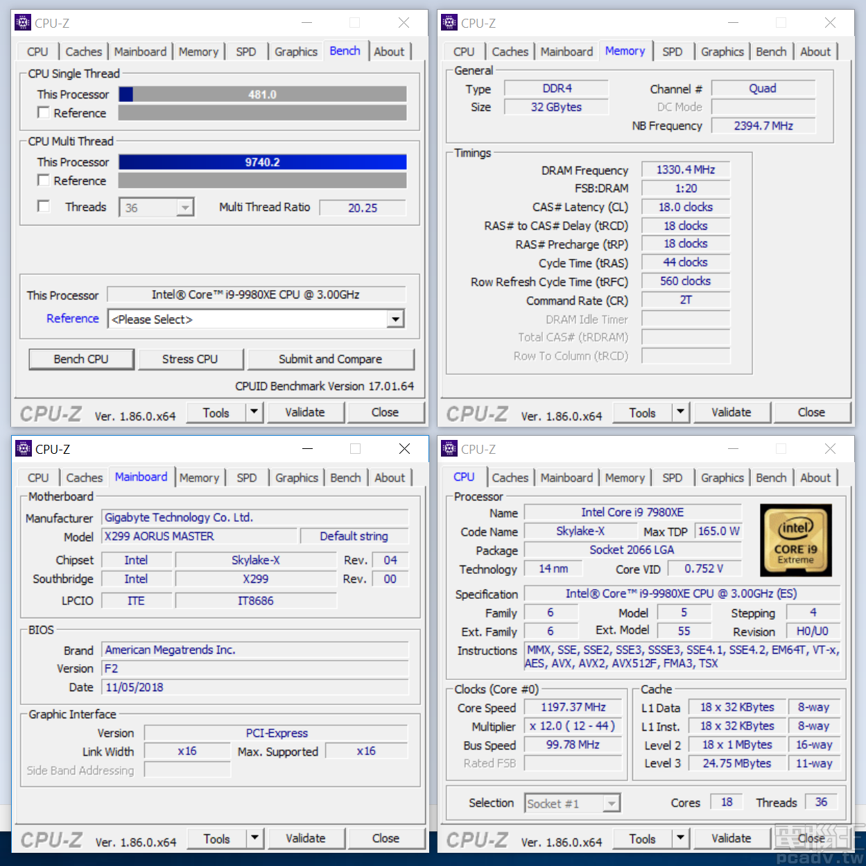 Core i9-9980XE CPU-Z 單執行緒為 481 分、多執行緒為 9740.2 分。（下方圖片均為 Core i9-9980XE 成績）