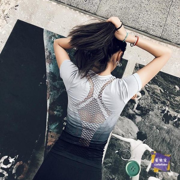 速幹衣 網紗美背跑步運動速幹t恤女漸變彈力緊身瑜珈短袖上衣健身服夏 3色S-XL