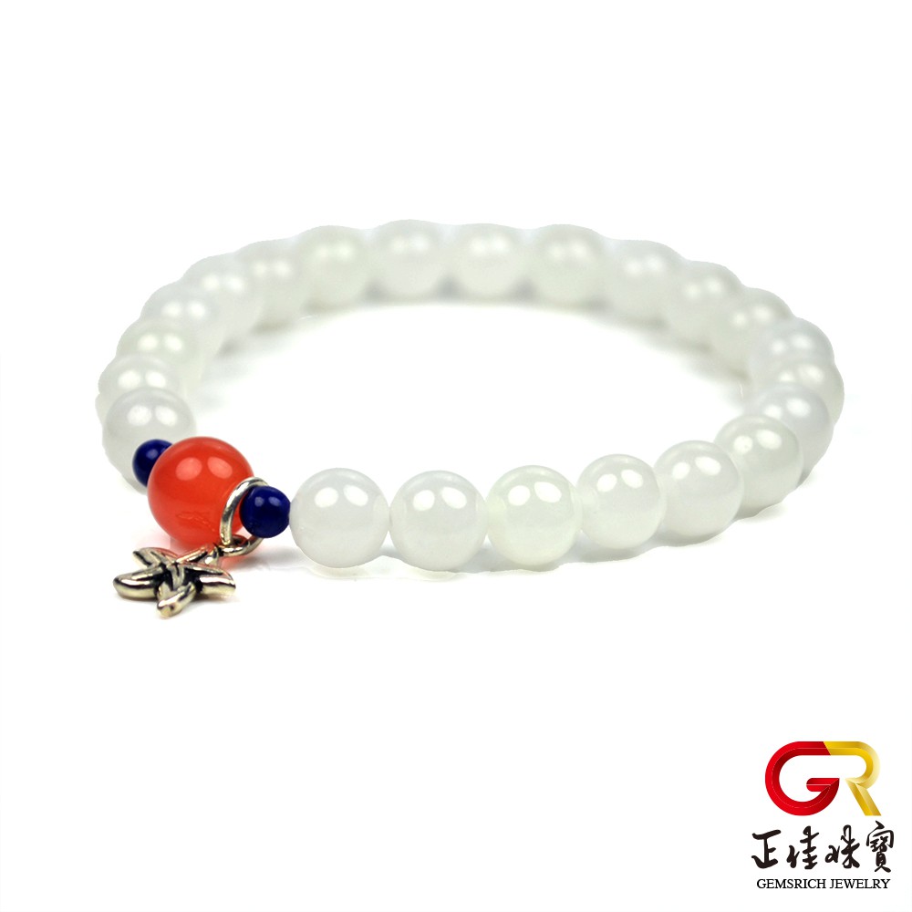 和田白玉 海星銀墜 海洋色青金石 南紅珠 10mm白玉手珠｜日本彈力繩主角：和田白玉 海星銀墜 海洋色青金石 南紅珠 10mm白玉手珠｜日本彈力繩尺寸：白玉 10mm ± 0.2mm產地：俄羅斯 / 