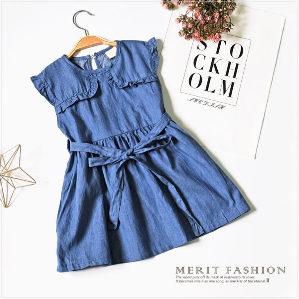 娃娃荷葉邊蝴蝶結綁帶無袖洋裝 仿牛仔 棉麻 女童 韓版 連身裙 荷葉邊 哎北比童裝