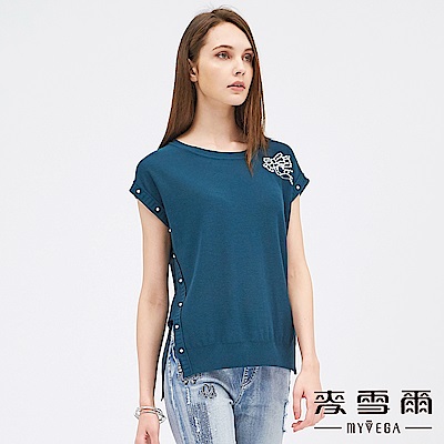 【麥雪爾】棉質珍珠綴飾蝴蝶結針織衫-綠