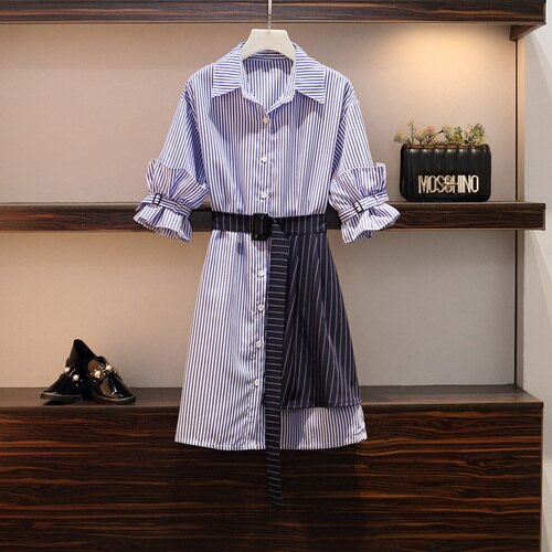 SaSa 韓系寬鬆豎條紋襯衫裙收腰套裝長袖裙裝