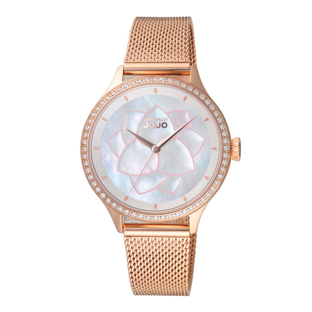 NATURALLY JOJO 花朵綻放米蘭氣質腕錶-玫瑰金X白