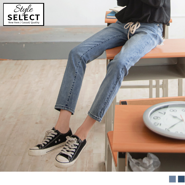 抓破拉鍊腰鬆緊造型直筒牛仔褲