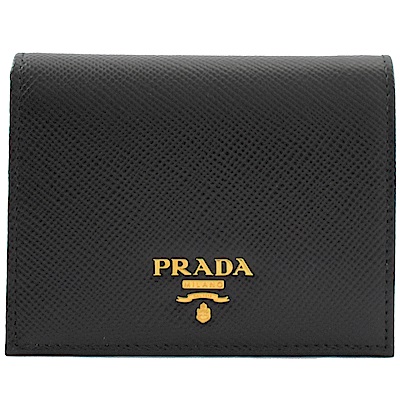PRADA 金屬LOGO立體防刮牛皮對開扣式零錢短夾(黑)