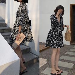 韓國K.W. (預購) 美型氣質首選露背綁帶印花洋裝