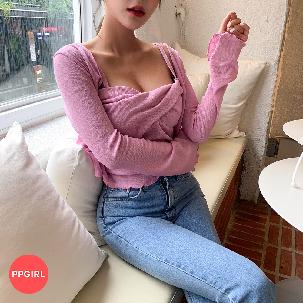 [PPGIRL官方旗艦店]扭結抓皺細肩背心+波浪邊緣開襟外套