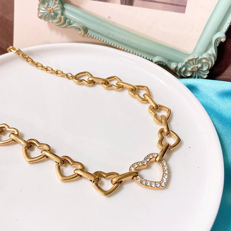 【西洋古董飾品】華麗滿鑽愛心串交疊感 交錯鏈條感 項鍊