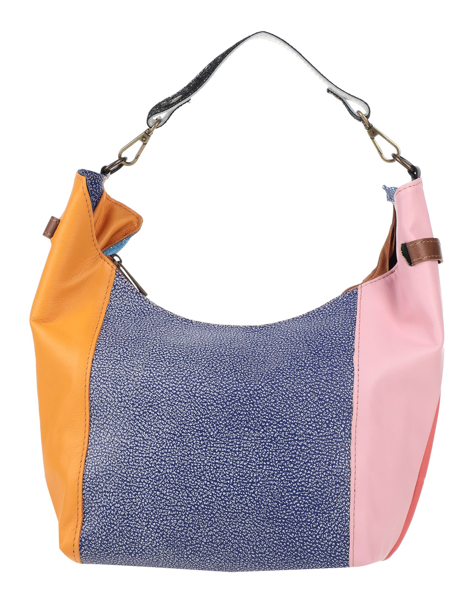 medium, laminated effect, textured leather, multicolor pattern, no appliqués, zipper closure, bag ha