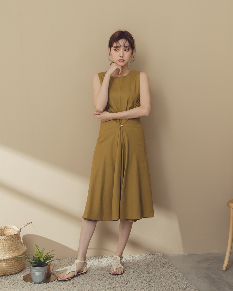 Tiff洋裝-棉麻綁帶素面洋裝