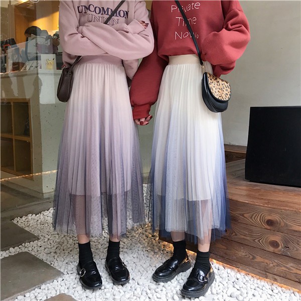 免運 現貨中長款氣質淑女小清新甜美韓版學院風顯瘦百褶網紗A字裙漸變半身紗裙