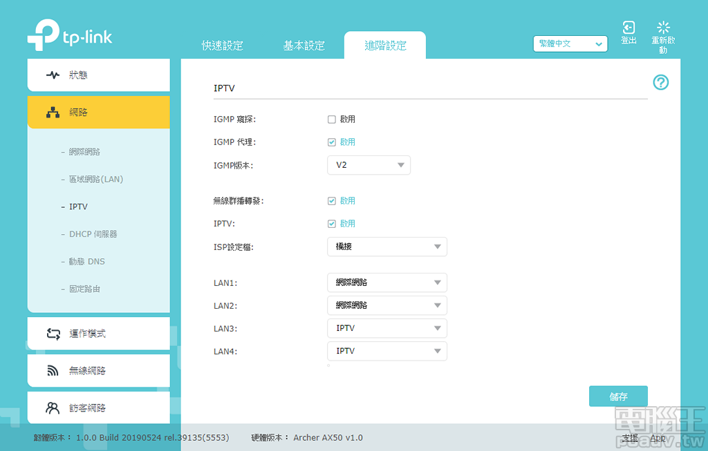 ▲ IPTV 隨選視訊服務設定位於進階設定＞IPTV，以中華電信 MOD 為例，ISP 設定檔請選擇橋接模式，再將與 MOD 機上盒連線的 LAN 埠設定為 IPTV 即可使用。