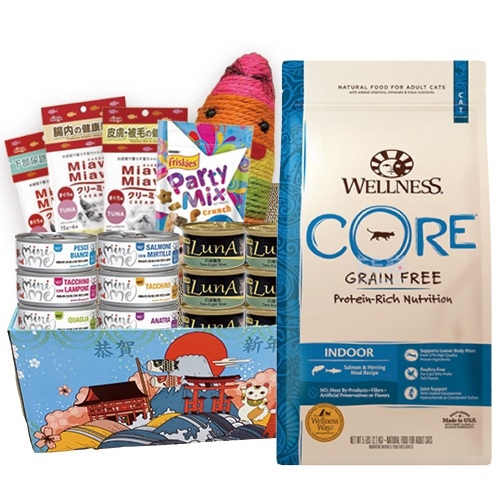 Wellness《CORE無穀系列-室內貓深海》2磅 貓飼料 X1包日本AIXIA【 愛喜雅Miaw妙喵肉泥系列】15g*4入/包 貓零食 X3包Friskies喜躍《PartyMix 香酥餅》貓零食