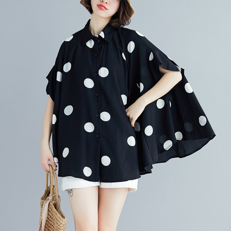 GF 中大尺碼 襯衫 波卡圓點 寬鬆 遮肉蝙蝠袖傘狀 雪紡 短袖襯衫 大尺碼襯衫 女生襯衫 2色【快速出貨】