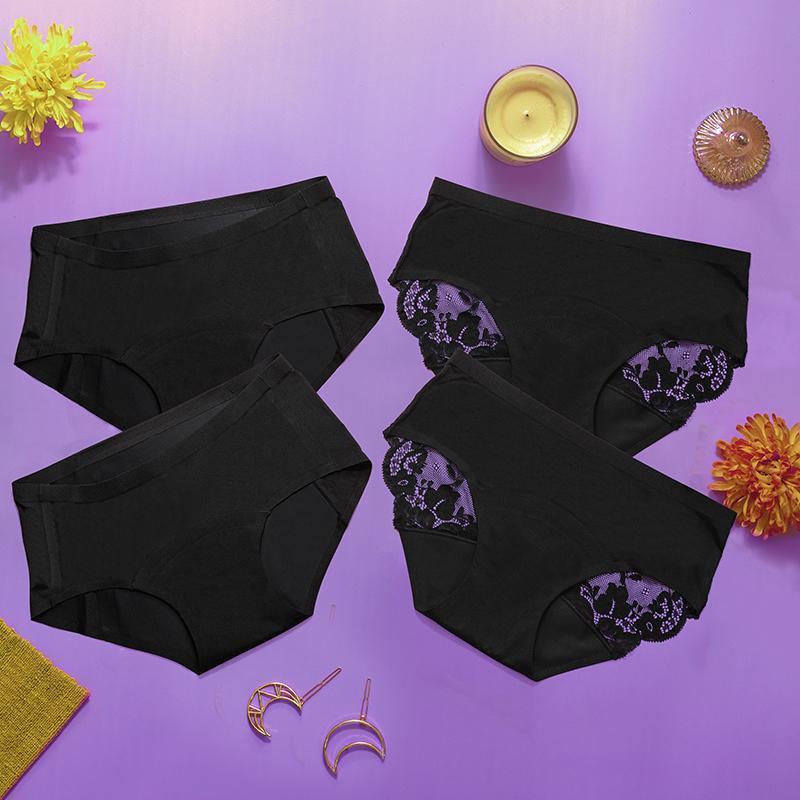 產品特色 此為買一送一賣場，買日用蕾絲款兩入贈送夜用安心款兩入 專利設計：無車縫、不渗血 MIT 機能布料：吸濕排汗＋抑菌纖維＋防水不悶熱 可單獨穿著，取代護墊 / 日用衛生棉 量多期搭配衛生棉 / 