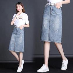 【WHATDAY】簡約主義黃金比例時尚牛仔半身裙S-2XL(不含腰帶)