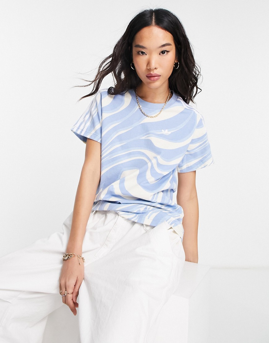 adidas Originals 'animal abstract' three stripe zebra print t-shirt in off white and blue