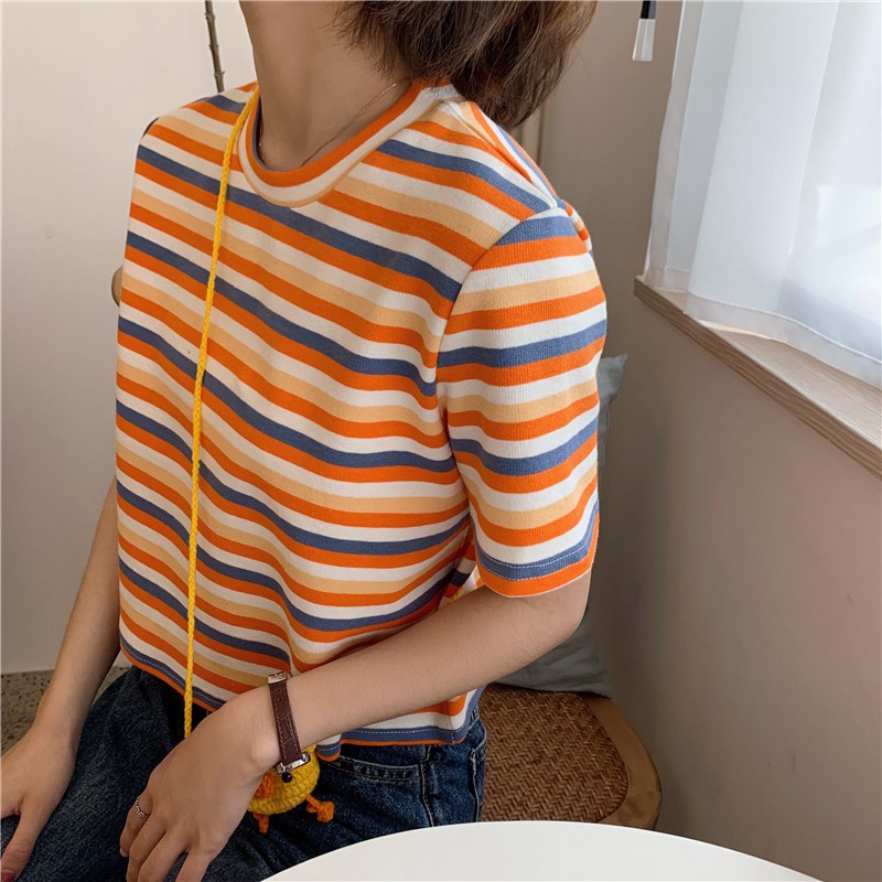 [現貨免運]短袖T恤 圓領上衣 小清新修身顯瘦百搭個性韓版 學院風簡約淑女休閒 短款彩色條紋