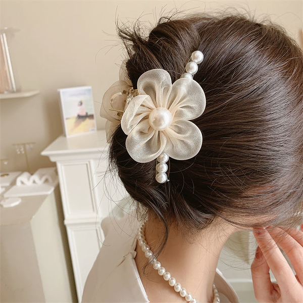 抓夾 韓國東大門花朵珍珠抓夾春鯊魚夾盤頭發山茶花珍珠發夾