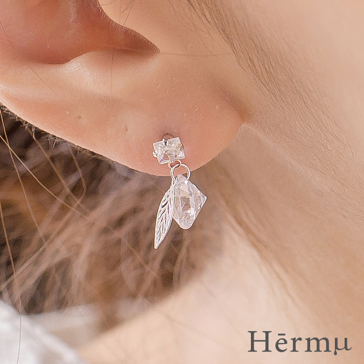 小垂墜寶石之葉925銀耳環-A10005