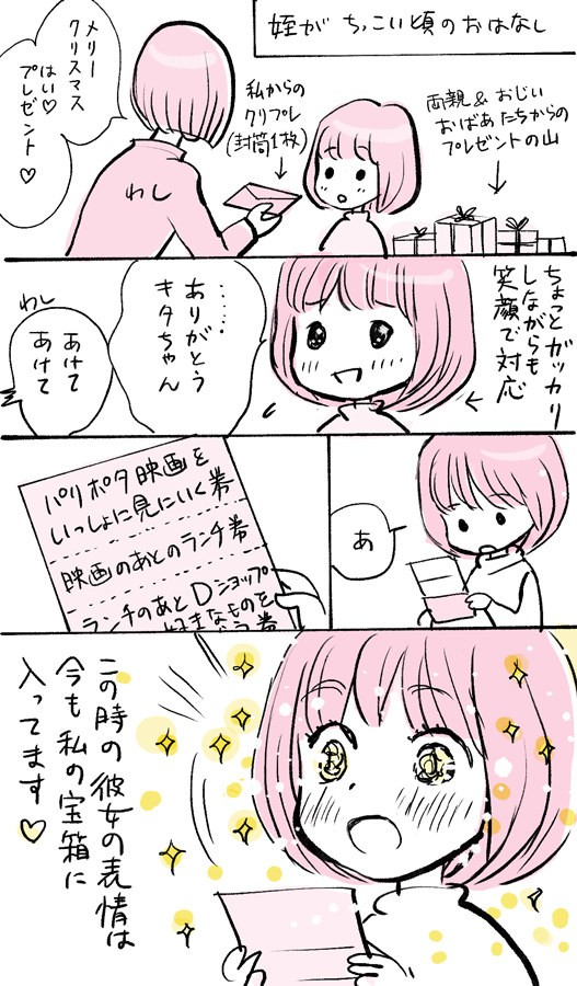 プレゼントを渡すと 姪は 2ページの漫画に読者が かわいい 尊い 連発
