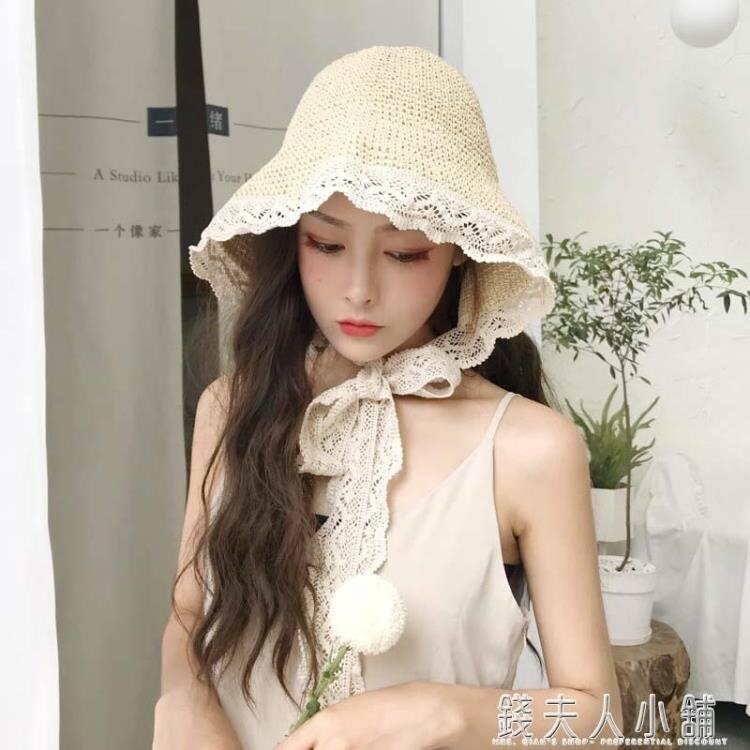 鉅惠夯貨-草帽蕾絲繫帶沙灘帽小清新海邊出遊度假防曬遮陽帽子綁帶