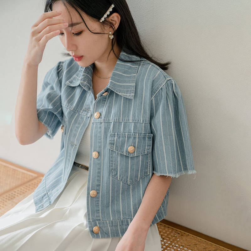 現折100個性小男孩！金釦雙條紋袖口抽鬚牛仔外套(共2色)0503 預購【NL1003】