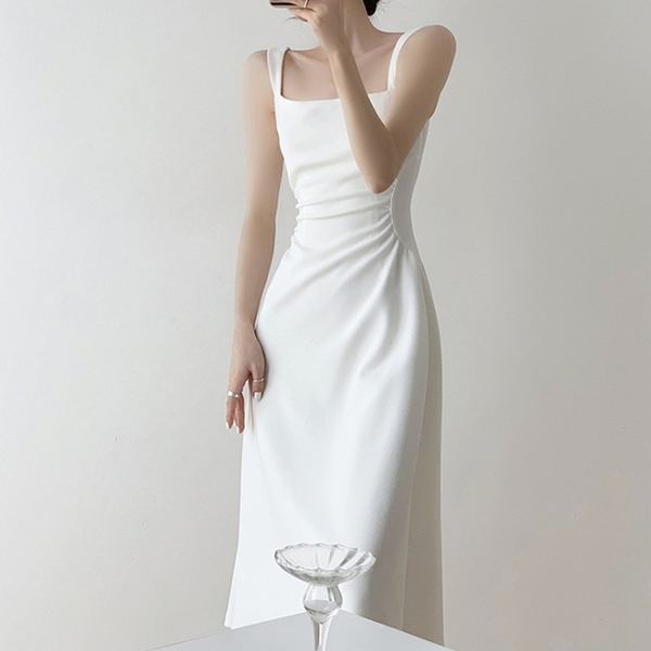 法式氣質方領縮腰米白吊帶洋裝 大人 洋裝 連身裙 裙子 婚禮穿搭 喜酒 婚宴 橘魔法 現貨