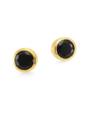 Simple stud earrings with a luminous center stone.; Black onyx; 22K yellow goldplated; Post back; Ma