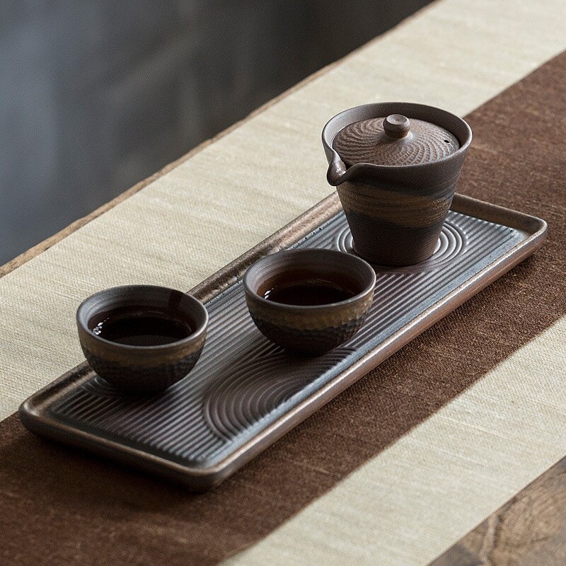 鎏金鐵釉復古干泡盤 手工粗陶茶盤陶瓷茶臺小茶盤創意托盤