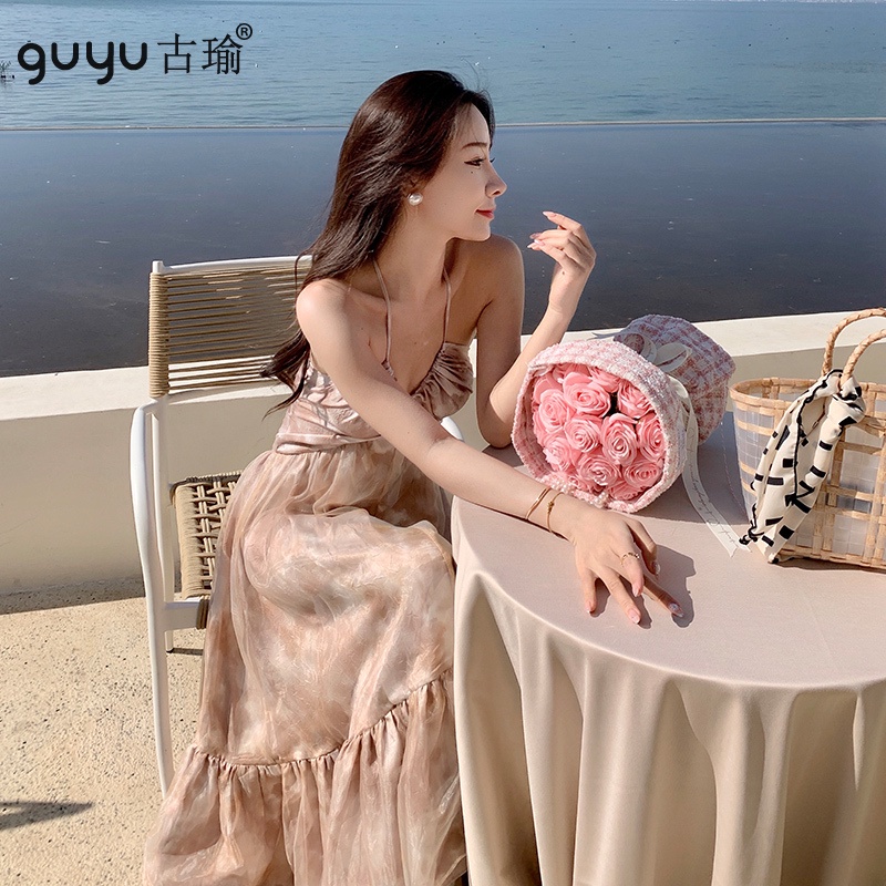 女神度假洋裝無袖吊帶洋裝 S-L 2022夏天新款 顯胸 漏乳溝蜜月洋裝 長版沙灘裙