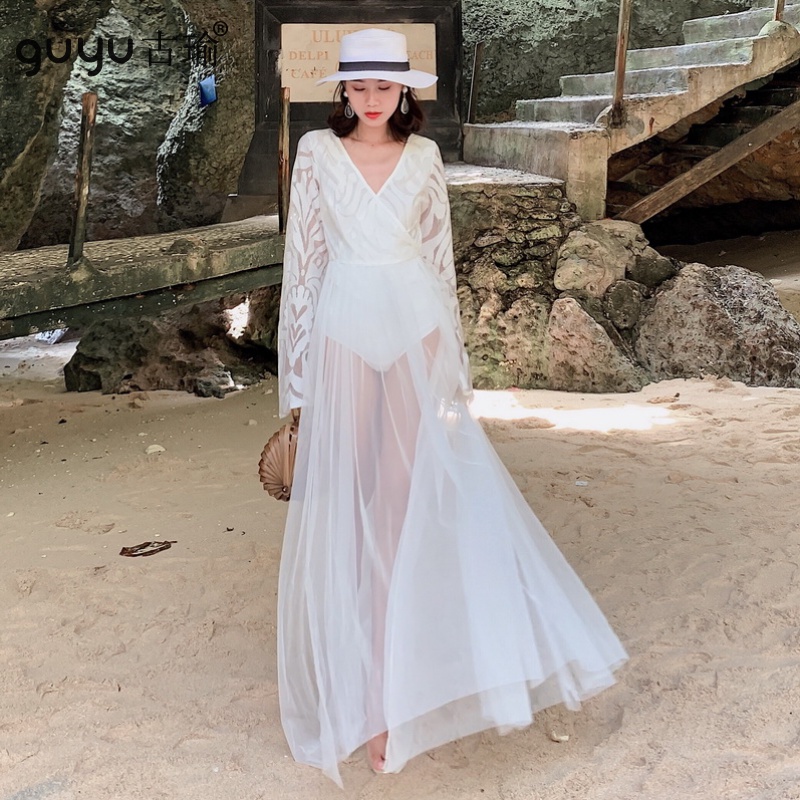 性感透視沙灘裙長裙 S-XL 輕薄防曬長袖拖地長洋裝 出國旅遊度假白色連身洋裝