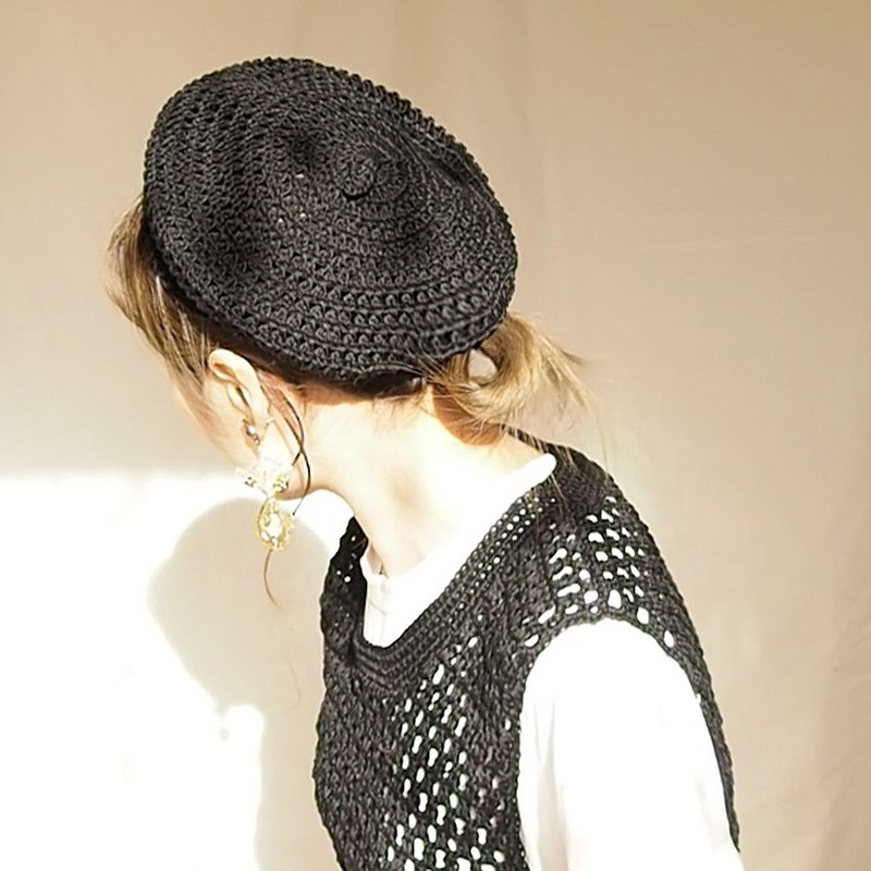 夏季貝雷 | 田園鄉村風 手鉤貝雷帽子 貝蕾帽 帥氣百搭黑色網格