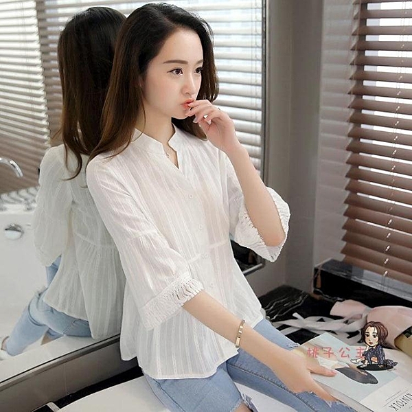 2019春夏季新款女裝V領棉麻白襯衫寬鬆百搭七分袖上衣韓版娃娃衫