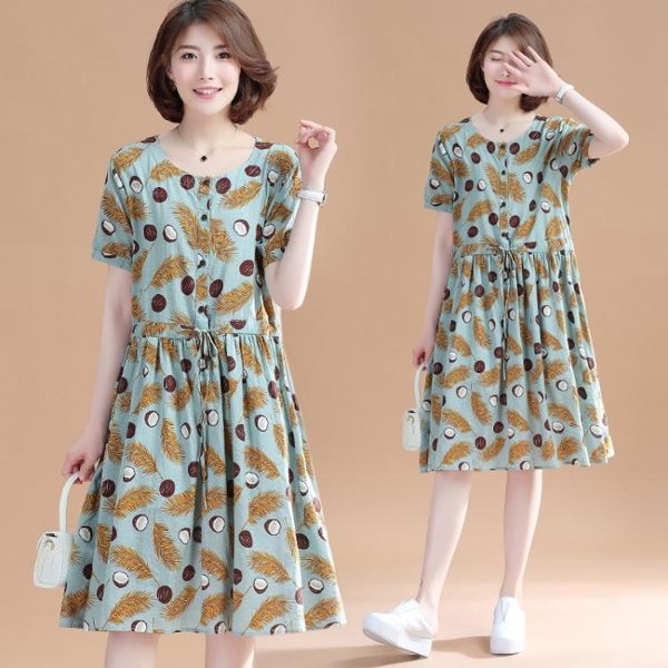 洋裝 連身裙夏裝新款短袖印花半開襟連衣裙 中長款休閒a字裙子