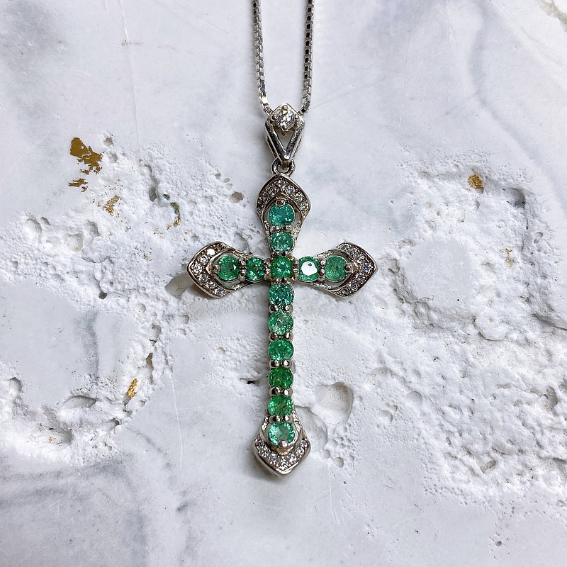 天然寶石 天然祖母綠 十字架款 925純銀 5月誕生石 1.04克拉